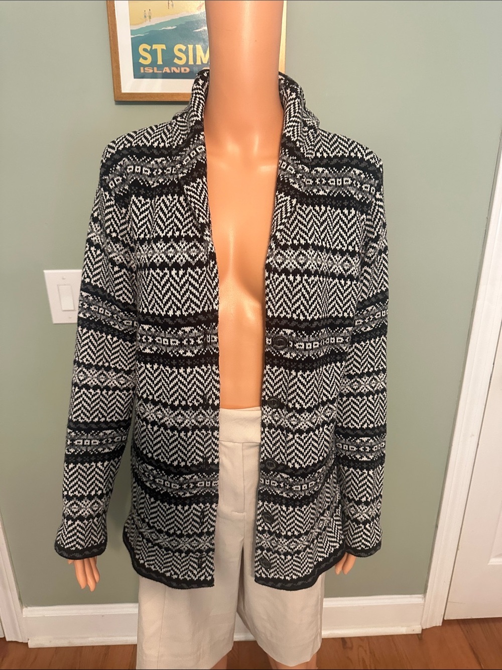 Chaps Black and White Patterned Open-Front Jacket